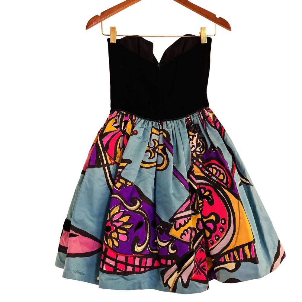 Vtg Sander Witlin Velvet Bustier Abstract Print Cocktail Dress 80s Prom Party S - Picture 5 of 10